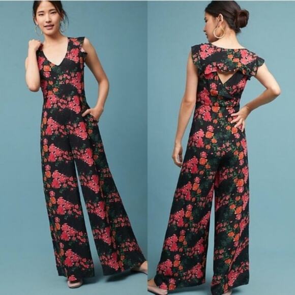 ANTHROPOLOGIE Tracy Reese Floral V Neck Wide Leg Jumpsuit XS Festival Boho